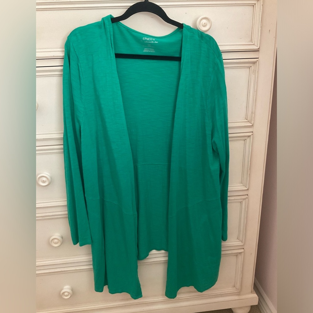 Chico’s Ultimate Tee Open Front Emerald Cardigan Sz 3 Pockets